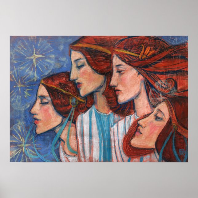 Christmas Angels Art Nouveau Painting Ginger Women Poster (Front)
