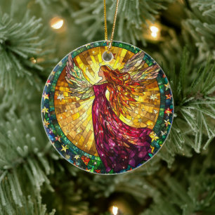 Christmas Angels on Stained Glass Ceramic Ornament