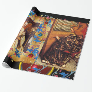 CHRISTMAS ANGELS ,RED BLUE GEMS ,FLORAL PARCHMENT WRAPPING PAPER