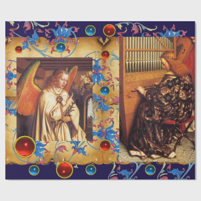 CHRISTMAS ANGELS ,RED BLUE GEMS ,FLORAL PARCHMENT WRAPPING PAPER (Flat)