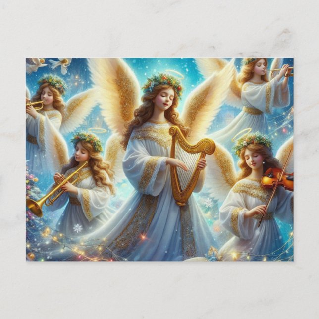 Christmas angels with music instruments  holiday postcard (Front)