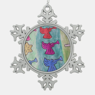 Christmas Angels With Trumpets Snowflake Pewter Christmas Ornament