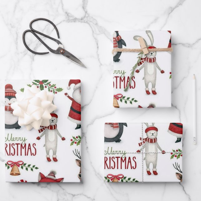 Christmas animal pattern wrapping paper sheet (Front)