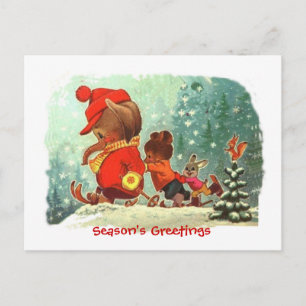 Christmas, Animal ski lessons Holiday Postcard