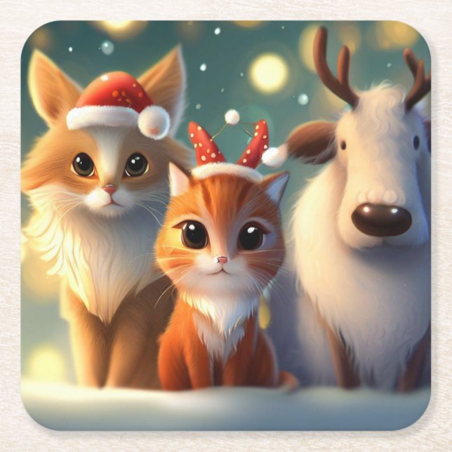 Christmas Animals 5 Square Paper Coaster (Front)