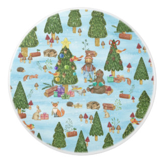 Christmas Animals and Lumberjack in Winter Forest Ceramic Knob