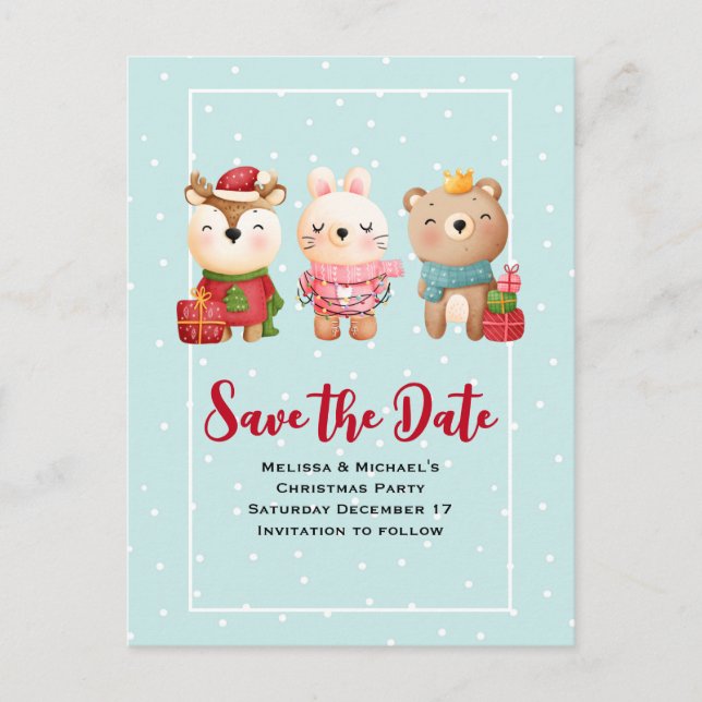 Christmas Animals in Festive Gear Save the Date Invitation Postcard (Front)