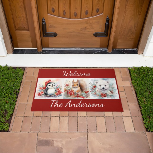 Christmas Animals Penguin Polar Bear Add Name Doormat (Outdoor)