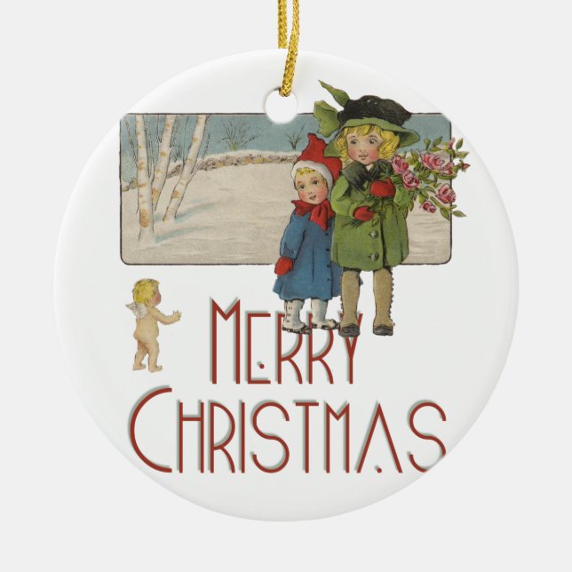 Christmas Antique Children Illustration 1920  Ceramic Tree Decoration (Front)