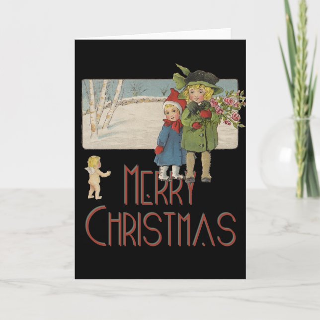 Christmas Antique Children Illustration 1920  Holiday Card (Front)