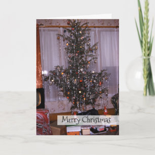 Christmas Antique Pine Tree with Tinsel and Gifts Holiday Card