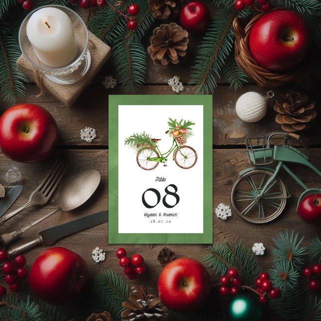 Christmas Apples and Pines Bicycle Winter Wedding Table Number (Christmas Apples and Pines Bicycle Winter Wedding Table Number Card)