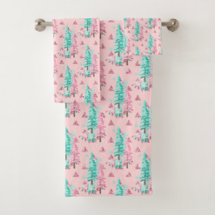 Christmas Aqua Blue Pink Tree Pattern  Bath Towel Set