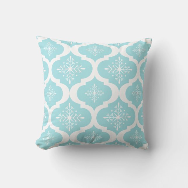 Christmas Aqua Blue Snowflakes Lattice Pattern Cushion (Front)