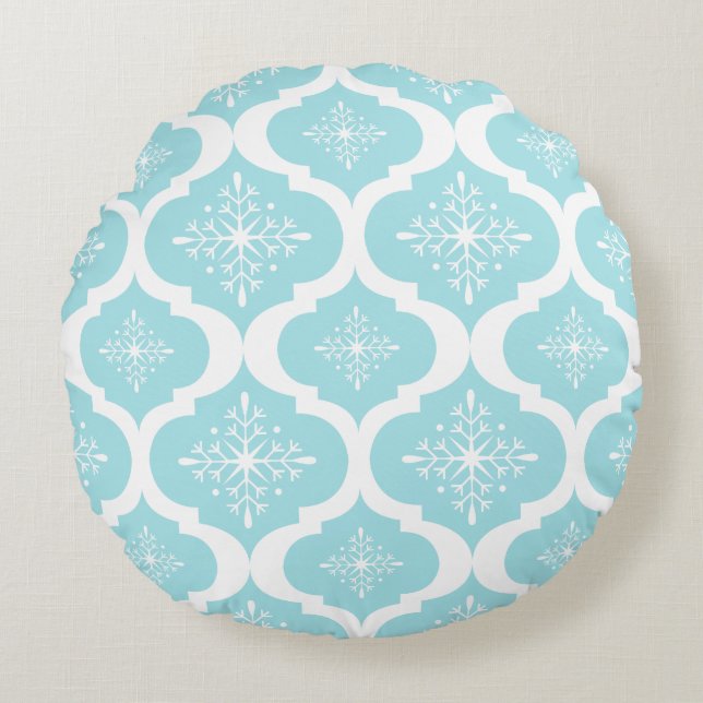 Christmas Aqua Blue Snowflakes Lattice Pattern Round Cushion (Front)