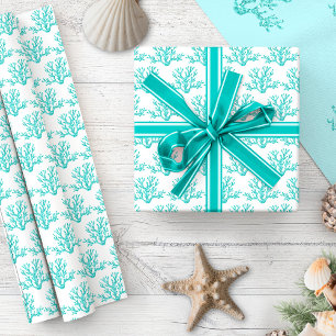 Christmas Aqua Blue White Beach Coral Pattern Wrapping Paper