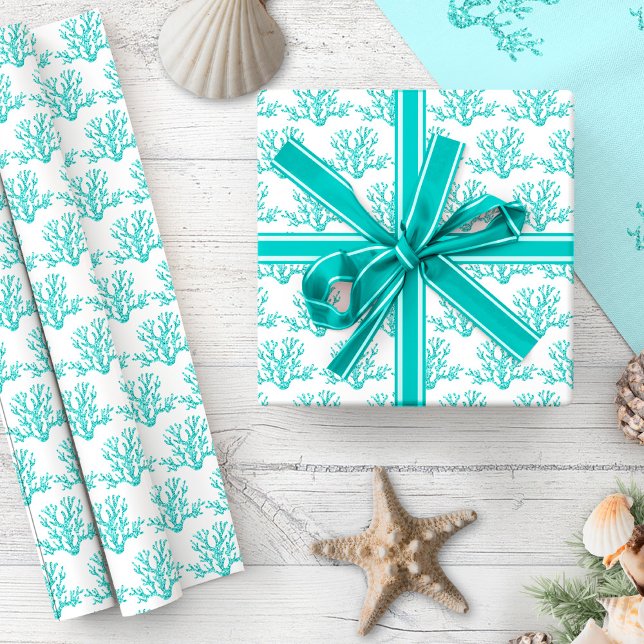 Christmas Aqua Blue White Beach Coral Pattern Wrapping Paper (Creator Uploaded)
