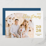 Christmas arch 1 photo modern minimalist blue gold foil holiday card<br><div class="desc">Elegant and modern Christmas greeting card featuring a minimalist design displaying your favourite family picture inside a trendy arch frame. Easily customise with your name and the current year in stylish gold foil serif fonts.</div>