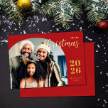 Christmas arch 1 photo modern minimalist red foil holiday card<br><div class="desc">This elegant and modern Christmas greeting card features a minimalist design displaying your favourite family picture inside a trendy arch frame. Easily customisable with your family name and the current year in stylish gold foil serif fonts over a classic festive red background.</div>
