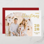 Christmas arch 1 photo modern minimalist red gold foil holiday card<br><div class="desc">Elegant and modern Christmas greeting card featuring a minimalist design displaying your favourite family picture inside a trendy arch frame. Easily customise with your name and the current year in stylish gold foil serif fonts.</div>