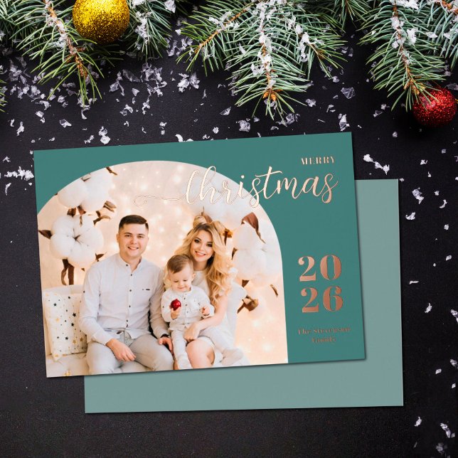 Christmas arch 1 photo modern minimalist teal foil holiday card (Creator Uploaded)