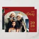 Christmas arch 2 photo modern minimalist red foil holiday card<br><div class="desc">This elegant and modern Christmas greeting card features a minimalist design displaying two of your favourite family pictures inside a trendy arch frame. Easily customisable with your family name and the current year in stylish gold foil serif fonts over a classic festive red background on the front and with your...</div>