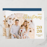 Christmas arch 2 photos modern minimalist blue foil holiday card<br><div class="desc">This elegant and modern Christmas greeting card features a minimalist design displaying 2 of your favourite family pictures inside trendy arch frames. Easily customise with your name and the current year in stylish gold foil serif fonts on the front and your personal greeting message in a classic white serif font...</div>