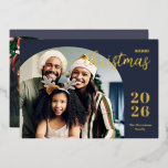 Christmas arch 2 photos modern minimalist gold foil holiday card<br><div class="desc">This elegant and modern Christmas greeting card features a minimalist design displaying two of your favourite family pictures inside trendy arch frames. Easily customisable with your family name and the current year in stylish gold foil serif fonts over a classic blue background and your custom greeting message on the back....</div>