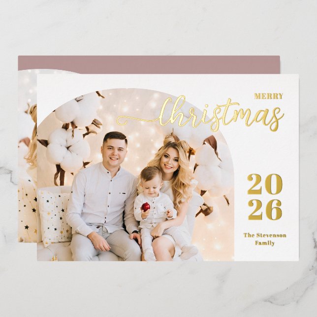 Christmas arch 2 photos modern minimalist mauve  foil holiday card (Front/Back)