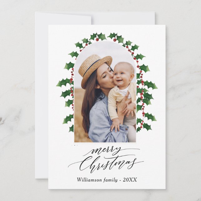 Christmas Arch Photo Watercolor Botanical Holiday  Card (Front)