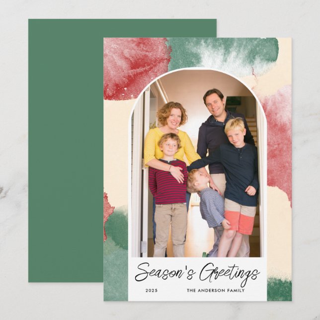 Christmas Arched Photo Abstract Watercolor Holiday Card (Front/Back)