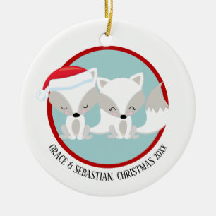 Christmas Arctic Foxes Personalised Ceramic Ornament