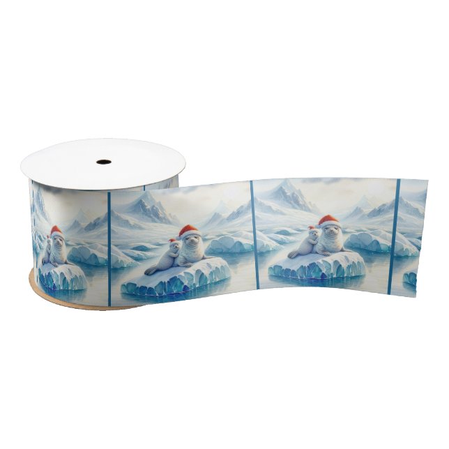 Christmas Arctic Seals with Santa Hats Satin Ribbon (Spool)