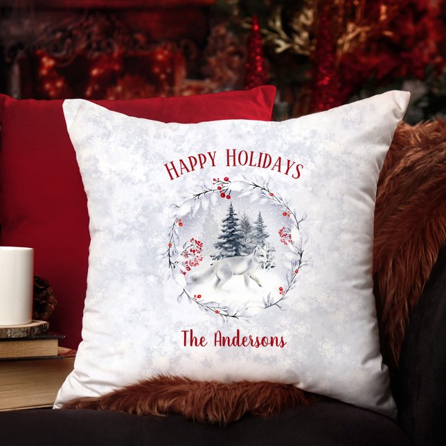 Christmas Arctic Snow Fox Winter Scenery Name Cushion (Christmas Arctic Snow Fox Winter Scenery Name Throw Pillow)