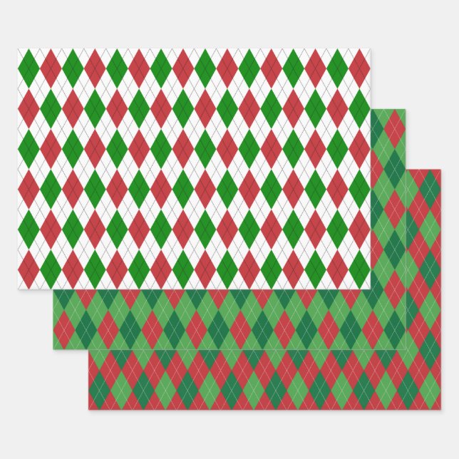 Christmas Argyle White Green and Red Wrapping Paper Sheet (Set)