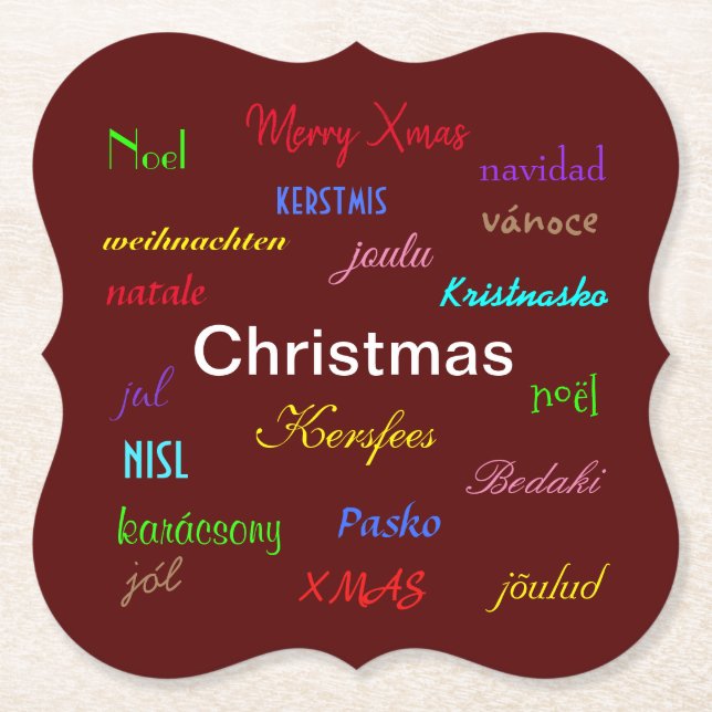 Christmas Around the World Modern Red Bracket Paper Coaster (Front)