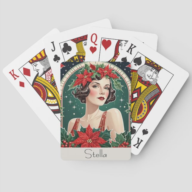 Christmas Art Deco Inspired Portrait Lady Retro Playing Cards (Back)