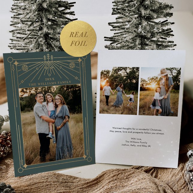 Christmas Art Deco Line Art Green Photo Gold Foil Holiday Card (Creator Uploaded)