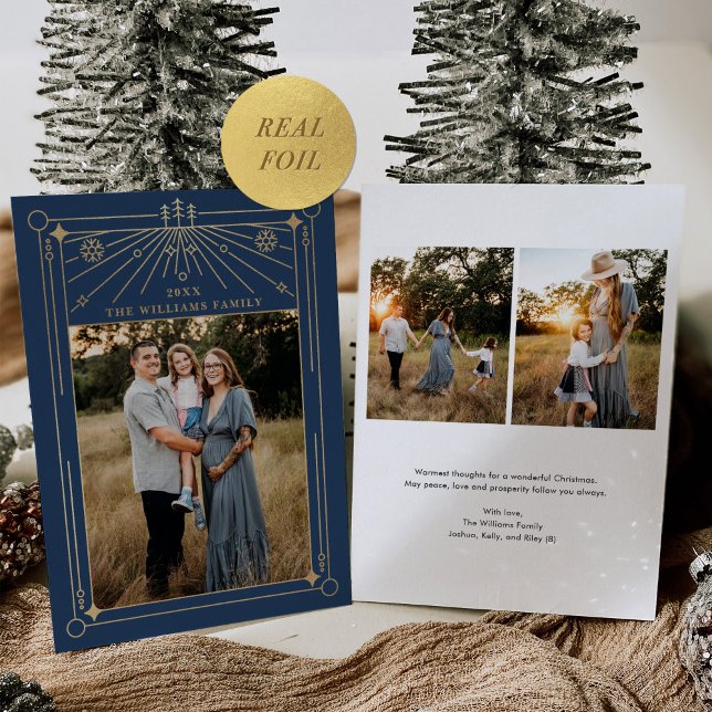 Christmas Art Deco Line Art Navy Blue Photo Gold Foil Holiday Card (Creator Uploaded)