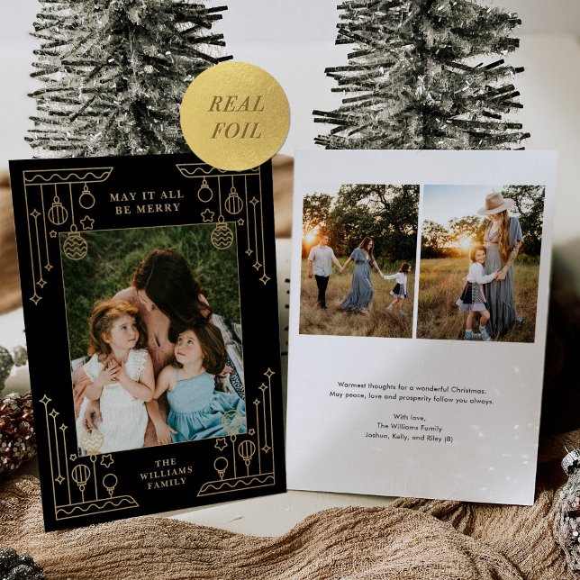 Christmas Art Deco Line Art Photo Black Gold Foil Holiday Card (Creator Uploaded)