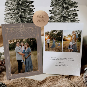 Christmas Art Deco Line Art Taupe Photo Rose Gold Foil Holiday Card
