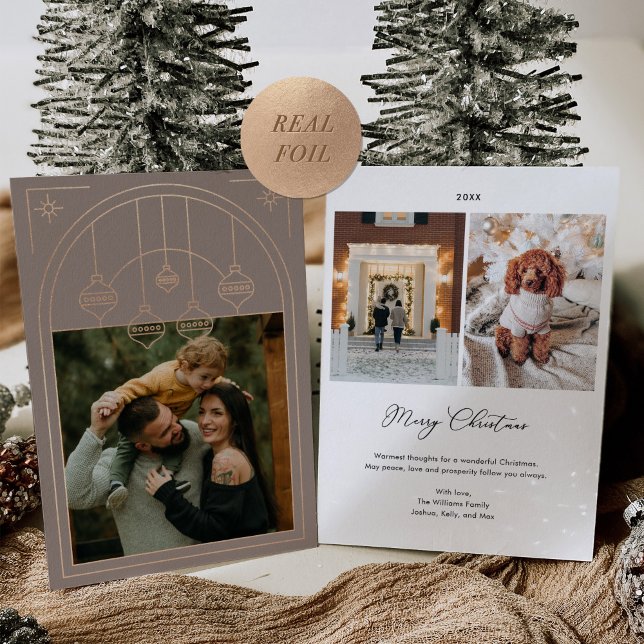 Christmas Art Deco Line Art Taupe Photo Rose Gold Foil Holiday Card (Creator Uploaded)