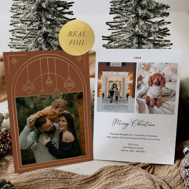 Christmas Art Deco Line Art Terracotta Photo Gold Foil Holiday Card (Creator Uploaded)