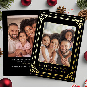 Christmas Art Deco Photo Black Gold  Foil Holiday Card
