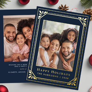 Christmas Art Deco Photo Blue Gold Foil Holiday Card