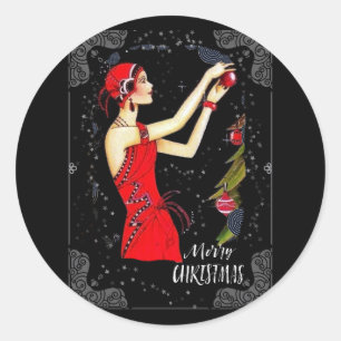 Christmas Art Deco Retro Vintage Lady Classic Round Sticker