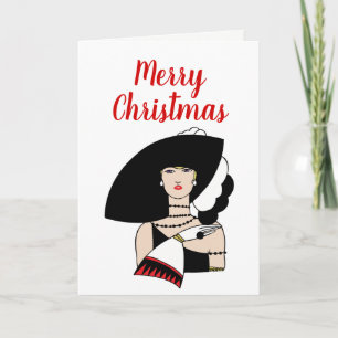 Christmas Art Deco Woman Wearing Hat Gloves Colour Holiday Card