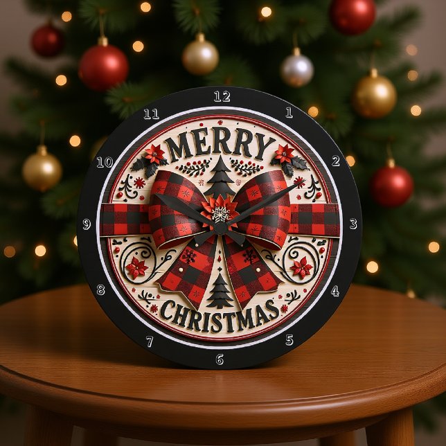 Christmas Art Red And Black Bowtie Large Clock (Creator Uploaded)