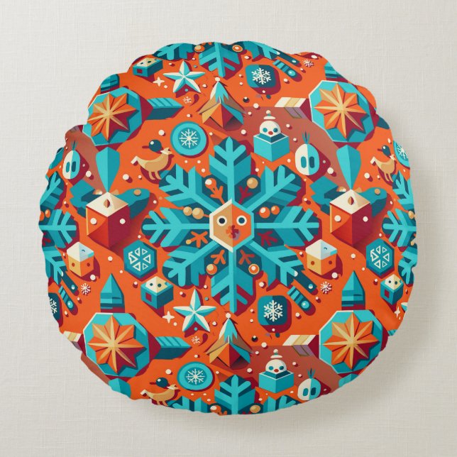 Christmas art stylised snowflake round cushion (Front)