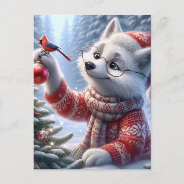 Christmas Artic Fox and the Birds Postcard (Front)